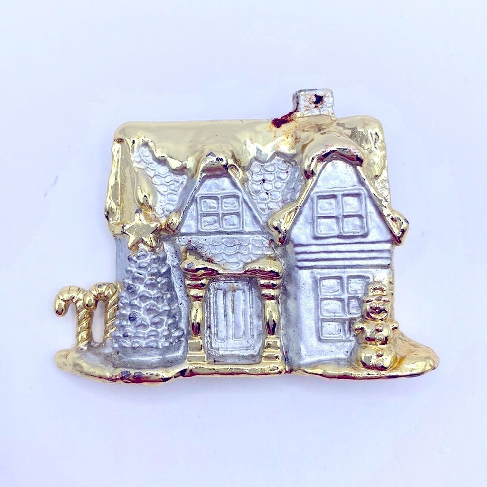 Vintage AJC Signed Two Tone Christmas Cottage Brooch